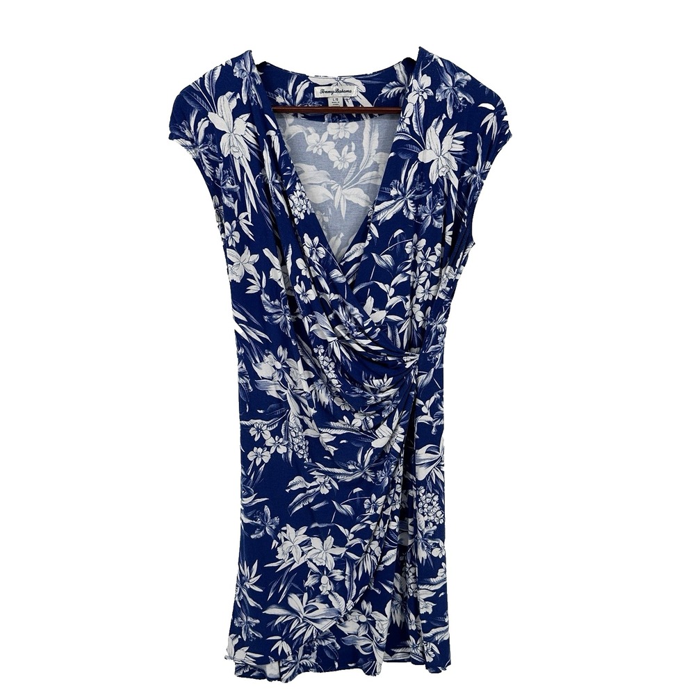 Tommy Bahama Faux Wrap Clara Halter Dress Size L Floral Blue Resort Vacation